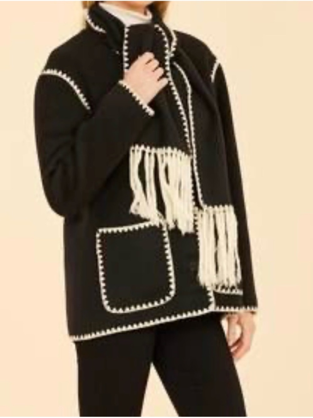 NWT Dolce Cabo Contrast Stitch White Black Blanket Jacket Scarf Toteme style XS